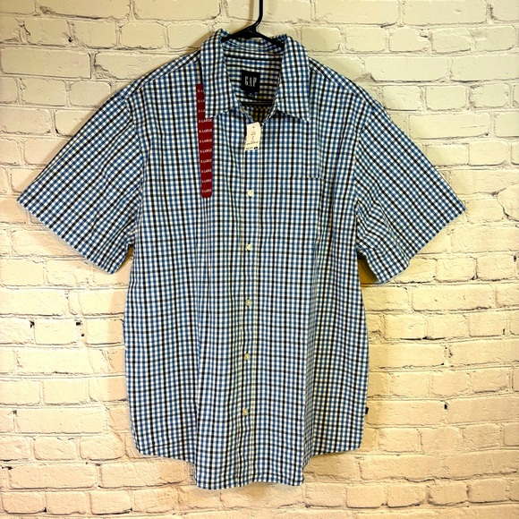 NWT GAP Men’s Short Sleeve Blue Checked Button Down Shirt Size XL - Picture 1 of 8